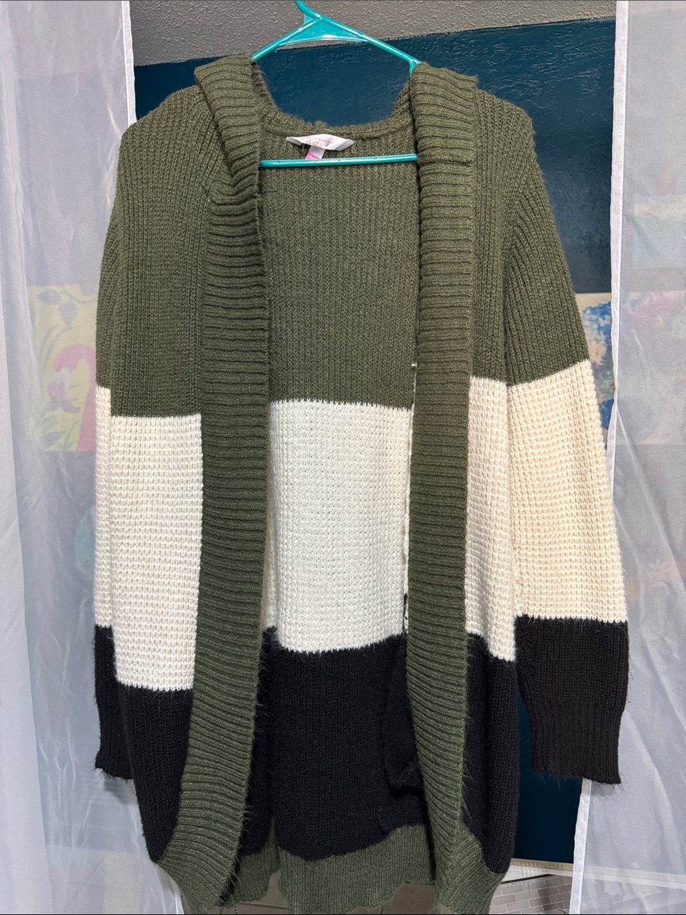 Olive, Cream & Black Colorblock Open-Front Sweater Cardigan